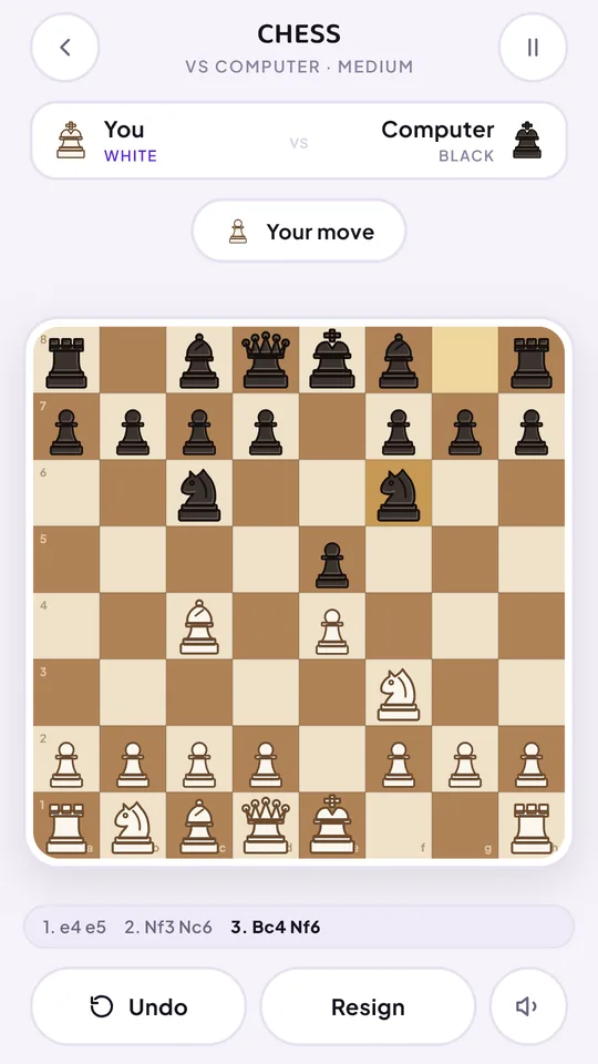 A chess game against the computer, four moves in
