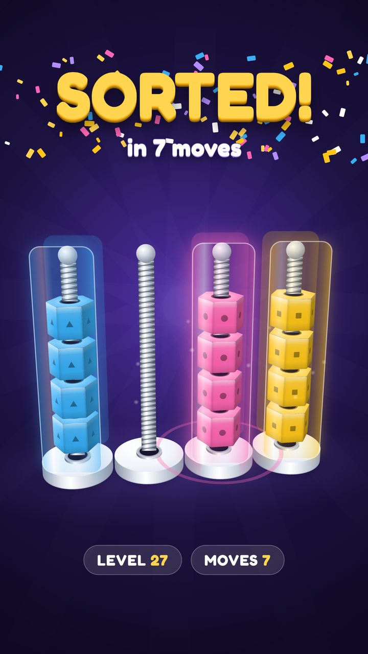 Nut and bolt sort puzzle video: sorted in 7 moves